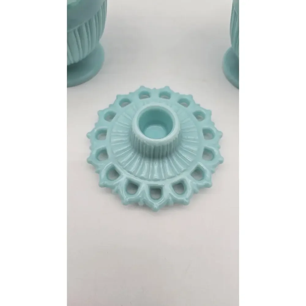 Fostoria Randolph Blue Milk Glass Cream Sugar & Candlestick Holder Set